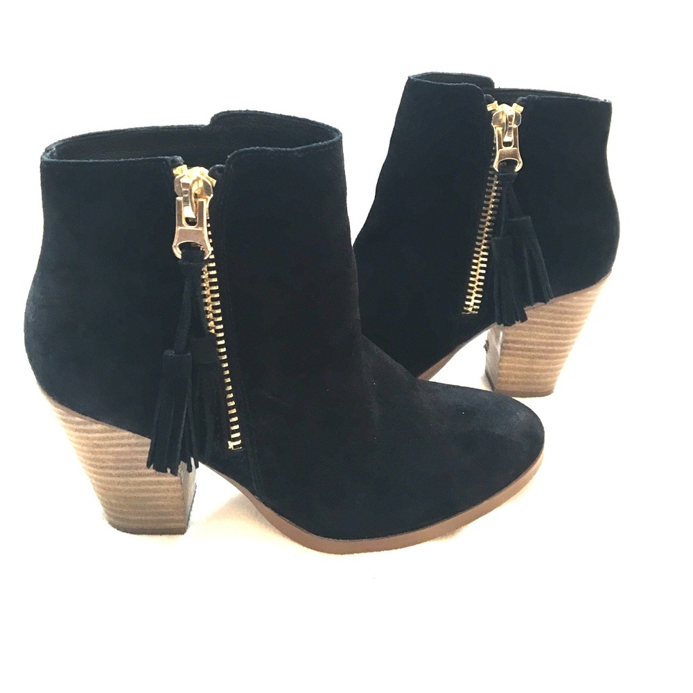 Aldo black suede booties with gold zipper. Size 8.